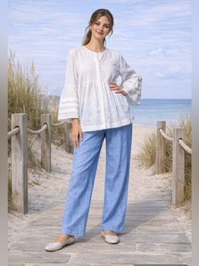 Vintage Alfred Dunner Blue Pull-On Pants 1X Elastic Waist Textured Linen Look